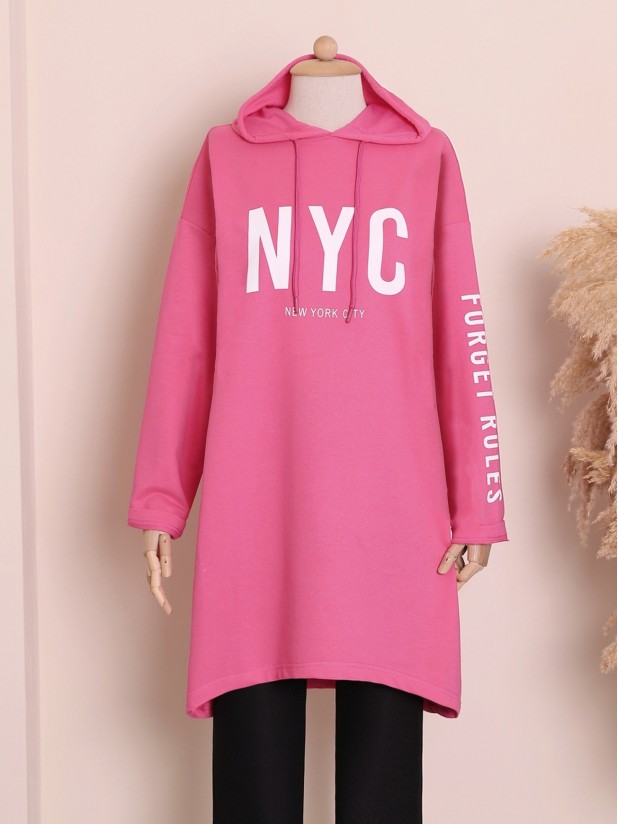 Hooded Hijab Sweat with Written Sleeve and Front  -Pink