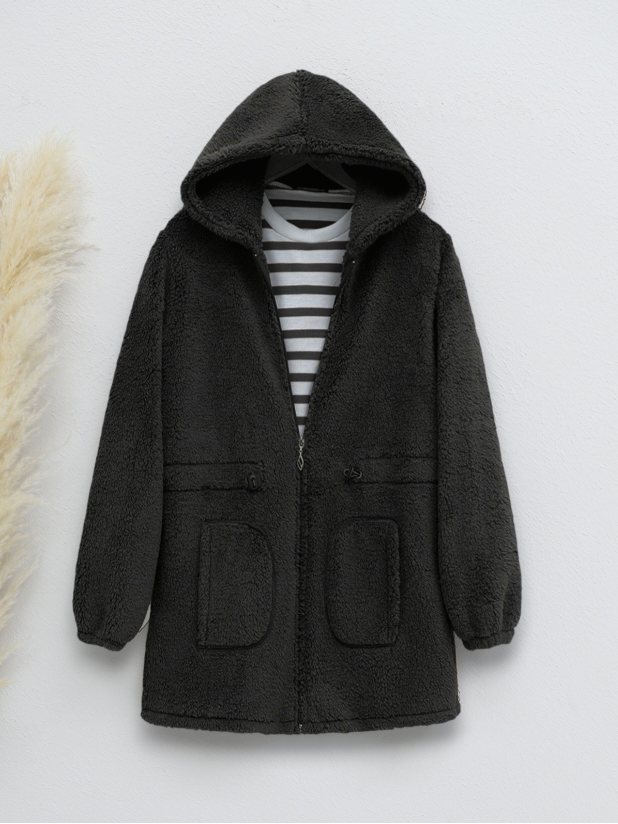 Zippered Hooded Plush Fleece with Elastic Waist  -Black