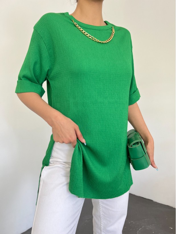 Slit Necklace Crinkle Tunic -Green