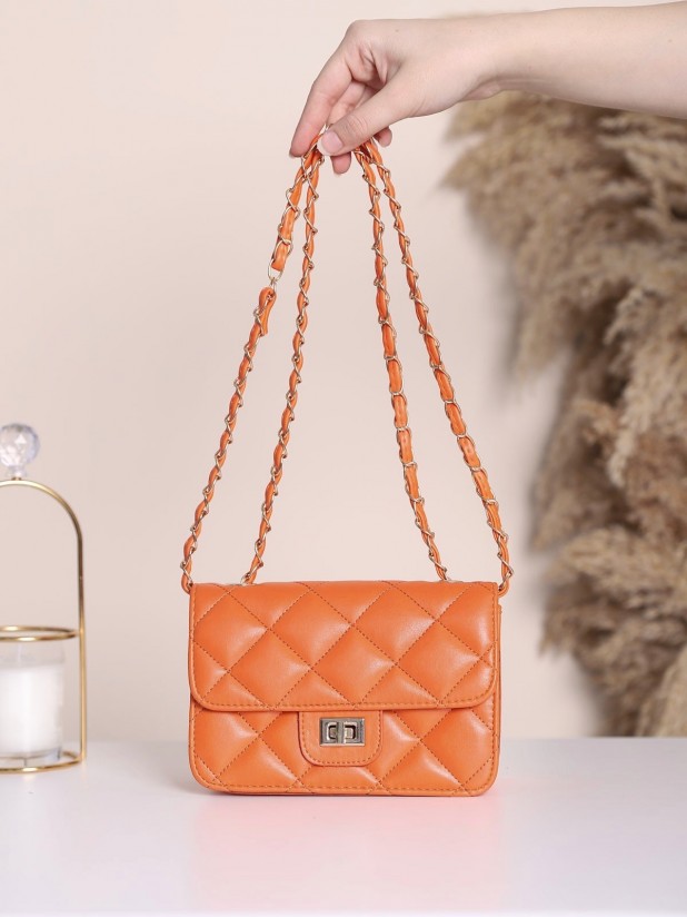 Chain Detailed Quilted Box Bag -Orange