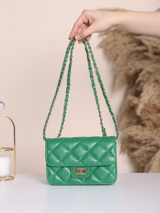 Chain Detailed Quilted Box Bag -Green