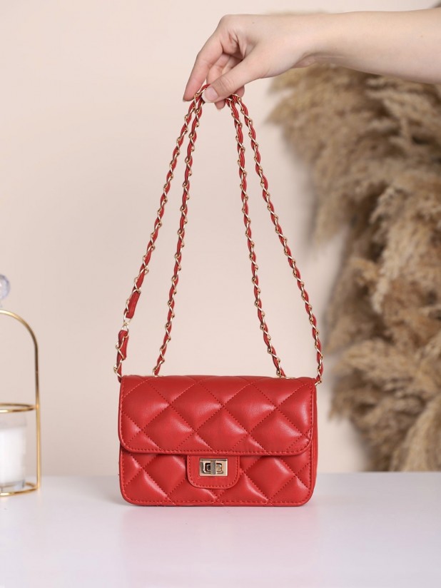 Chain Detailed Quilted Box Bag -Red