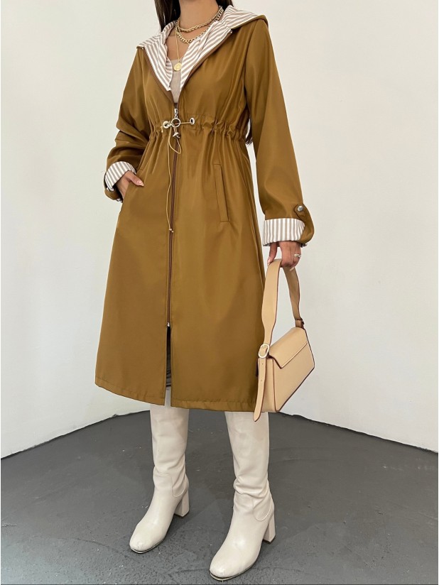 Waist Tight Quilted Lined Hooded Trench Coat -Snuff