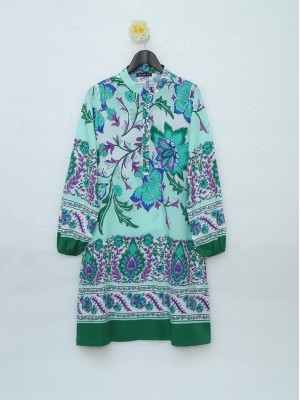 Floral Patterned Half Buttoned Cotton Viscose Tunic -Green