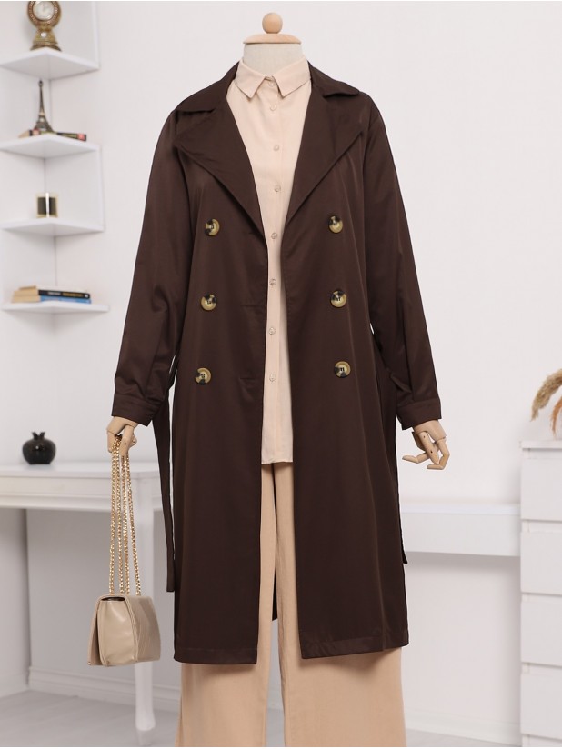 Shawl Collar Belted Long Trench Coat -Brown