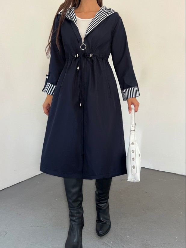 Waist Tight Quilted Lined Hooded Trench Coat -Navy blue