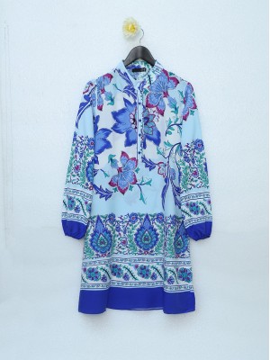 Floral Patterned Half Buttoned Cotton Viscose Tunic -Saxe 