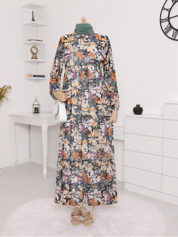 Yakası Bağcıklı Parçalı Kumaş Şifon Uzun Elbise -Bej