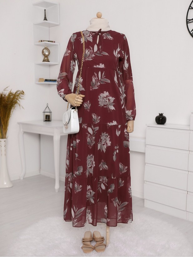 Yakası Bağcıklı Parçalı Kumaş Şifon Uzun Elbise -Bordo