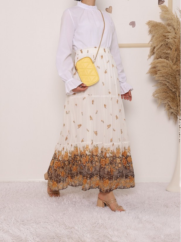 Pleated Floral Printed Chiffon Skirt -Mustard