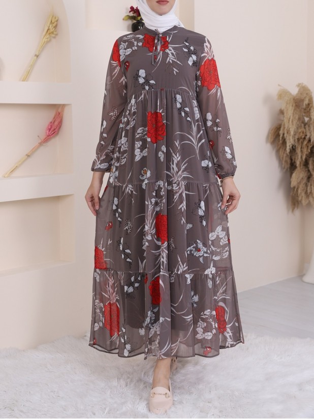 Yakası Bağcıklı Parçalı Kumaş Şifon Uzun Elbise -Toprak