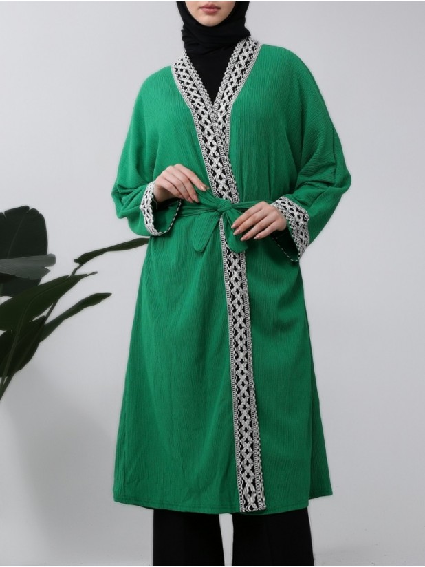 Etnik Şeritli Bağcıklı Uzun Kimono  -Yeşil