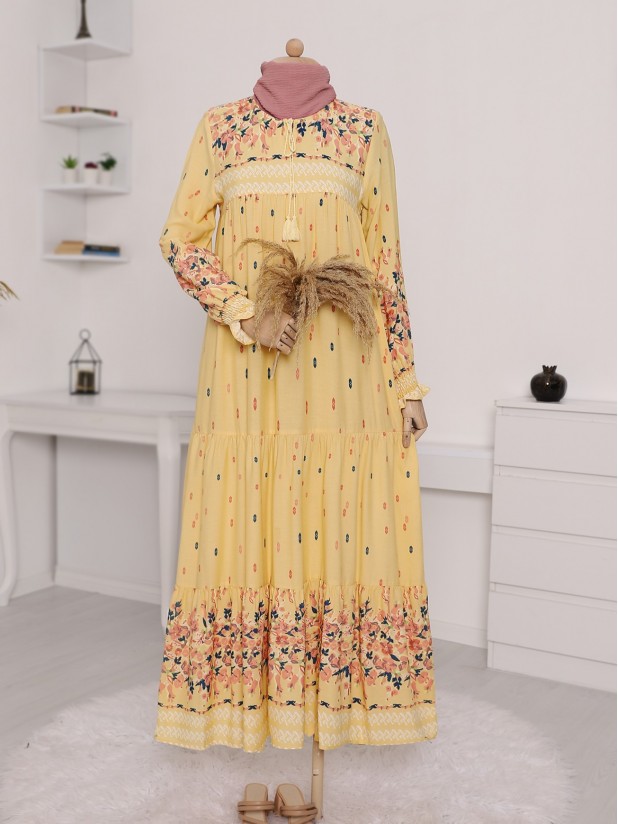 Lace-Up Collar Elastic Sleeve Dress -Yellow
