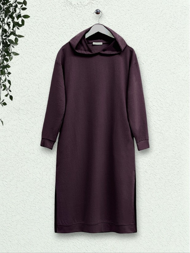 Hooded Slit Double Pocket Long Combed Cotton Tunic -Damson