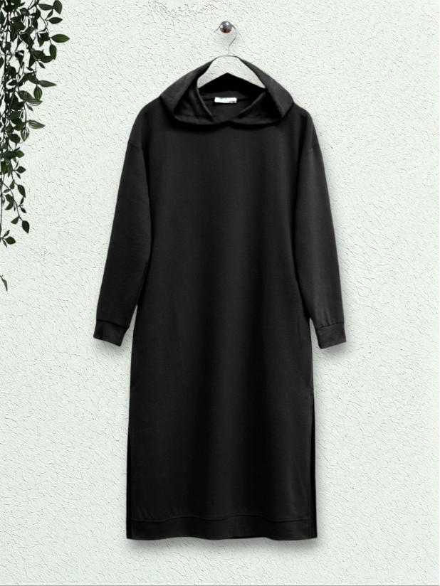 Hooded Slit Double Pocket Long Combed Cotton Tunic -Black
