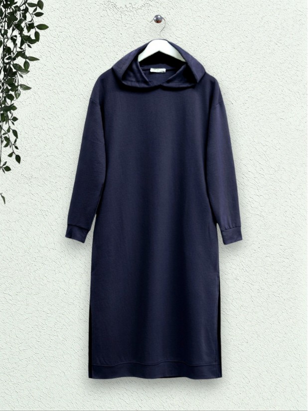 Hooded Slit Double Pocket Long Combed Cotton Tunic -Navy blue
