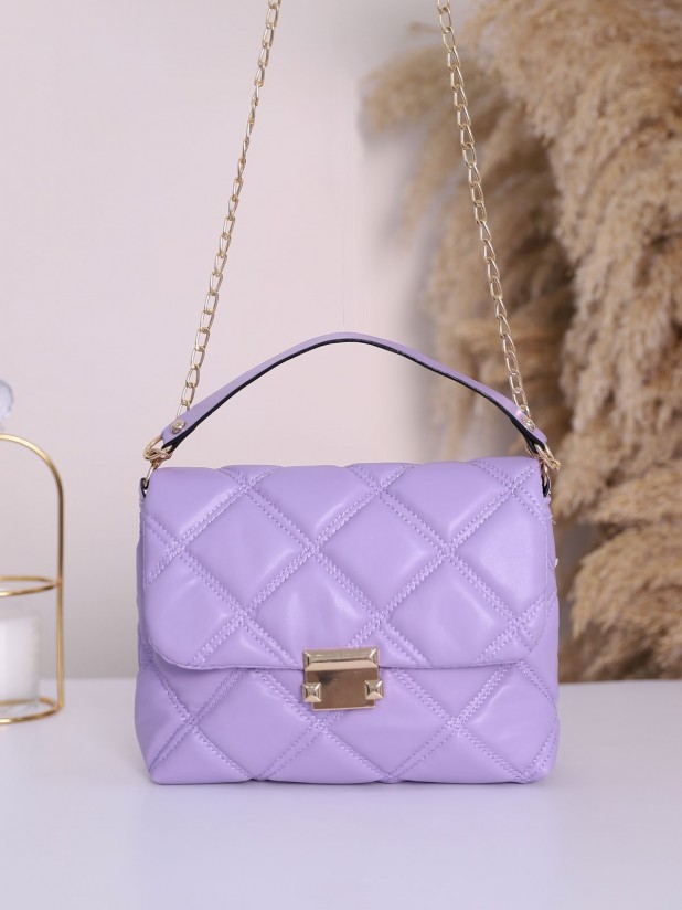 Zippered Chain Strap Quilted Bag -Lilac