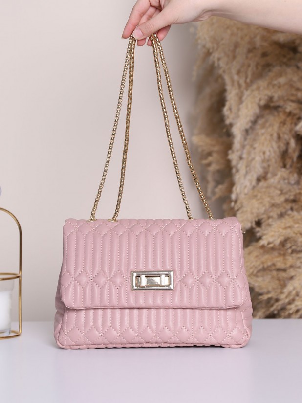 Double Lock Chain Strap Quilted Bag -Powder