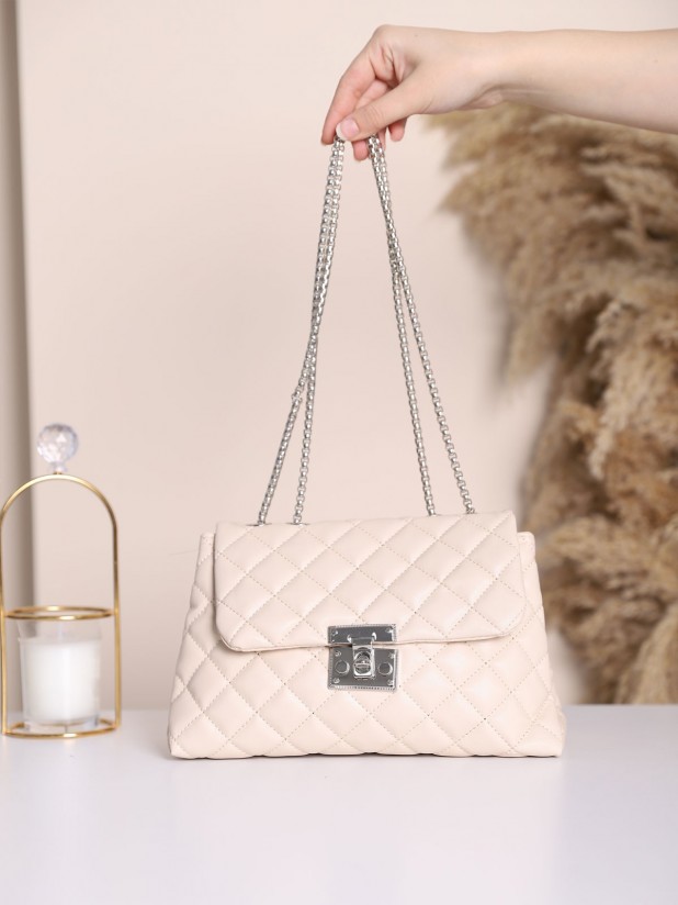 Quilted Ziplock Bag with Snap Chain Strap - Beige