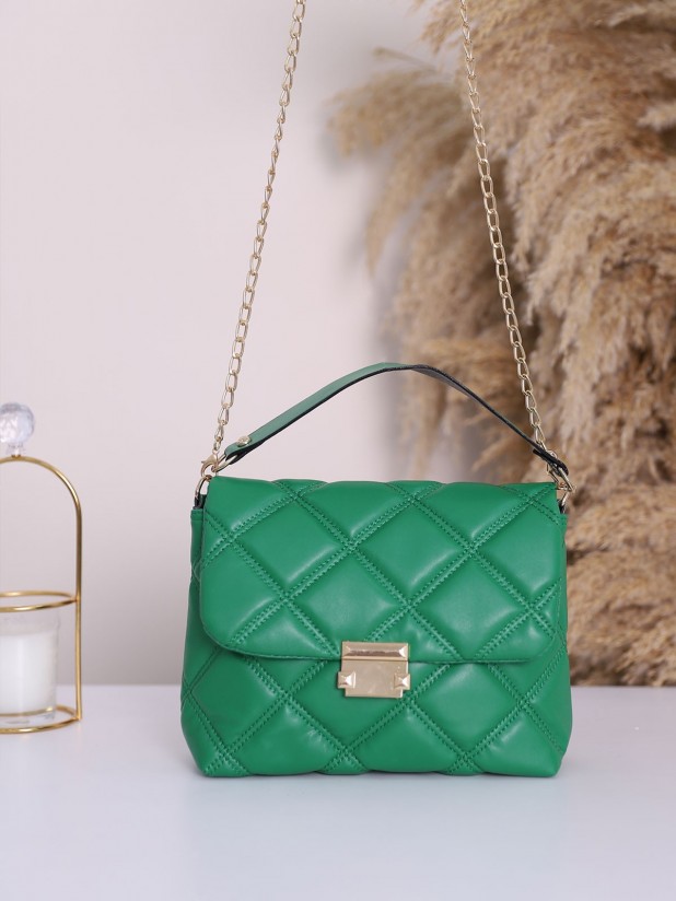 Zippered Chain Strap Quilted Bag -Green