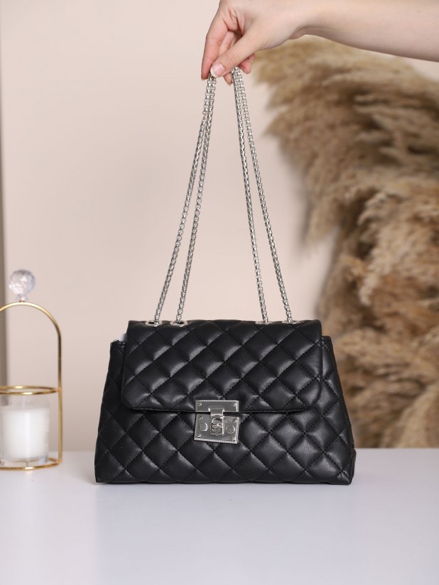 Quilted Ziplock Bag with Snap Chain Strap -Black