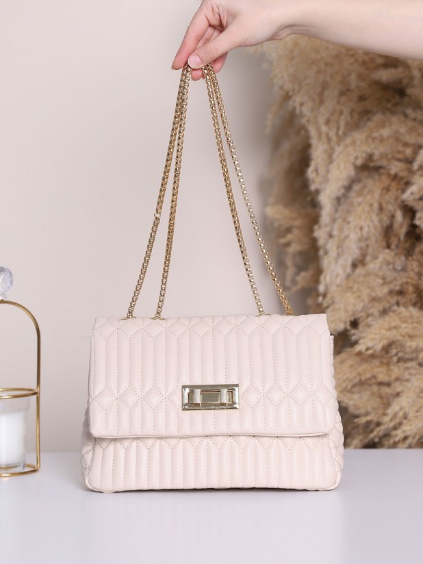 Double Lock Chain Strap Quilted Bag - Beige