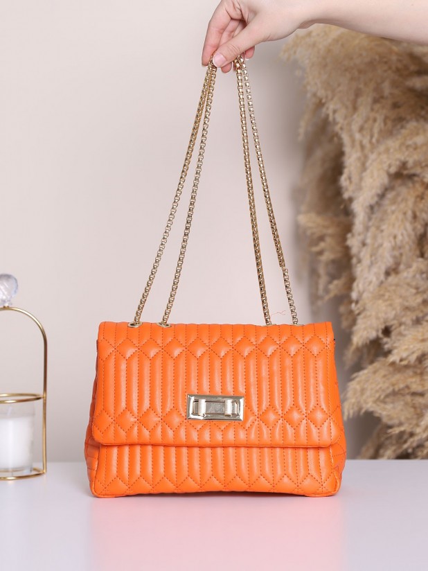 Double Lock Chain Strap Quilted Bag -Orange