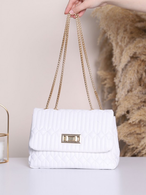 Double Lock Chain Strap Quilted Bag -White