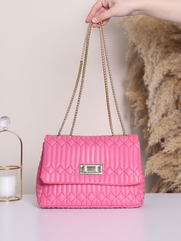 Double Lock Chain Strap Quilted Bag -Pink