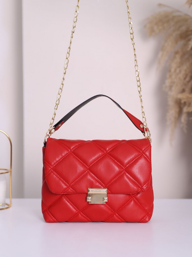 Zippered Chain Strap Quilted Bag -Red