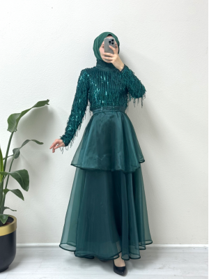 Belted Sequined Tulle Evening Dress with Elastic Collar  -Emerald