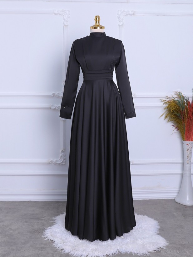 Waist Pleat Detailed Front Double Layer Satin Evening Dress -Black