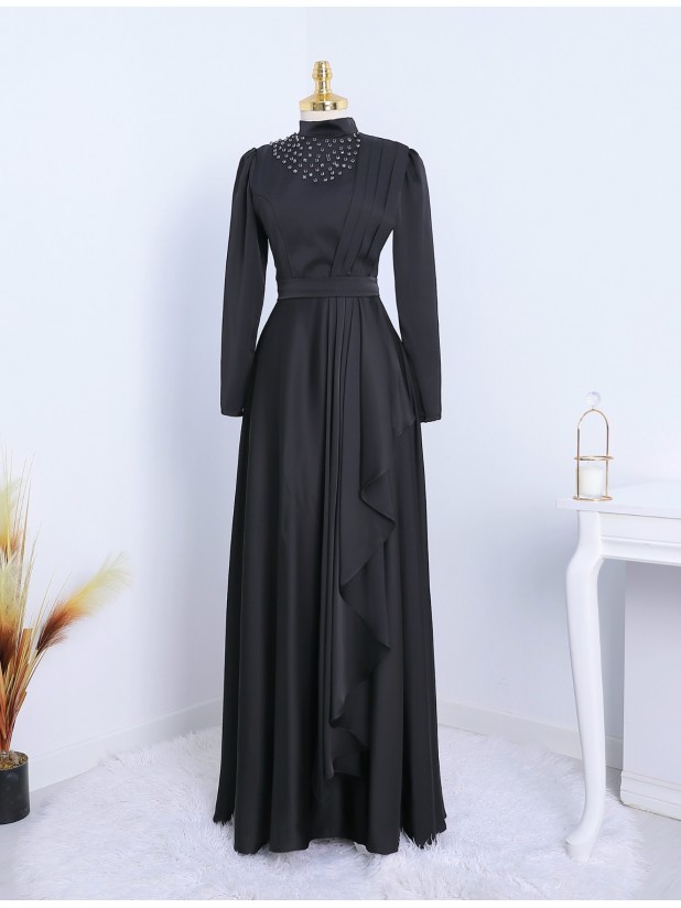 High Collar Sprinkled Stone Satin Evening Dress -Black