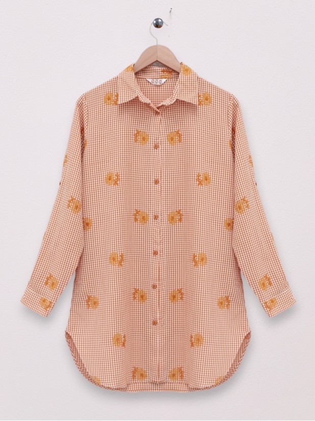 Floral Embroidery Check Shirt -Brick color