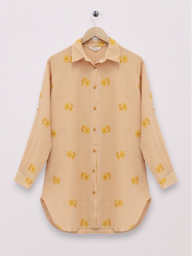 Floral Embroidery Check Shirt -Orange