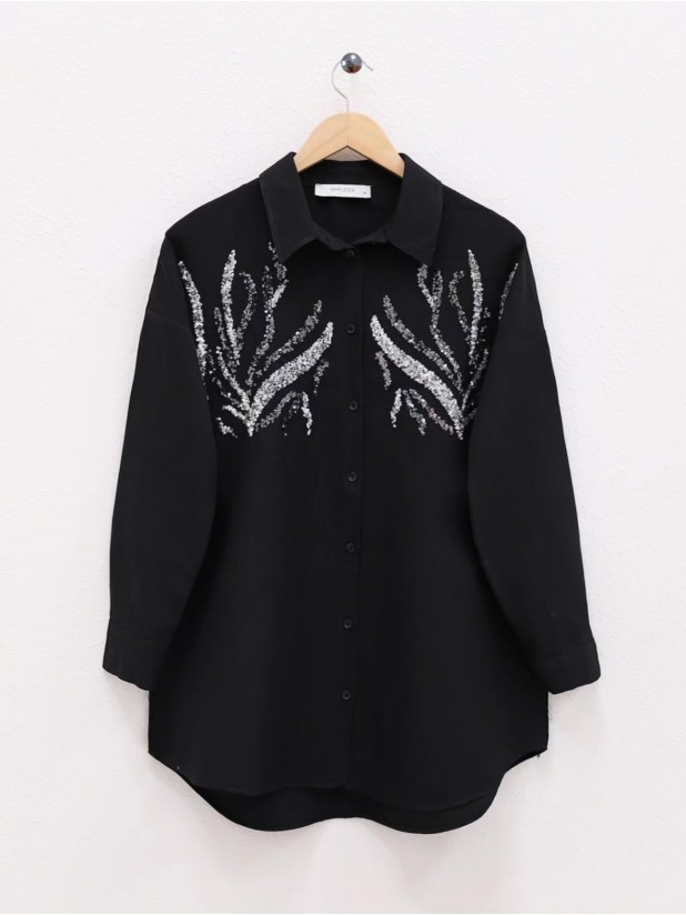Sequined Long Shirt with Front Sequins -Black