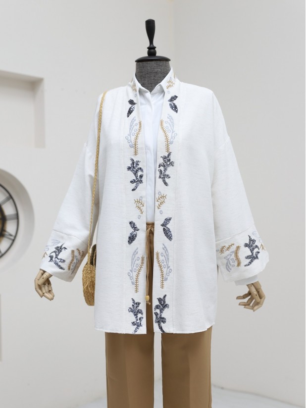 Linen Kimono with Sequin Embroidery on Collar and Sleeves -Stone