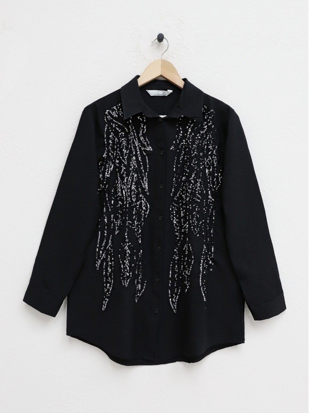 Sequined Embroidered Buttoned Shirt -Black