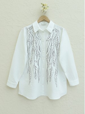 Sequined Embroidered Buttoned Shirt  -White