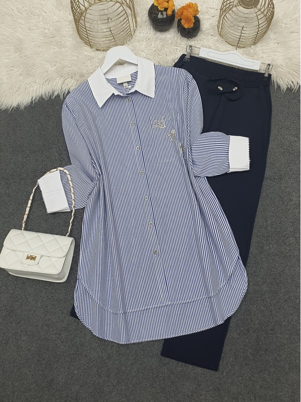 Striped Shirt With Stone Embroidery On The Pocket -Blue