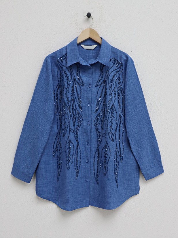 Sequined Embroidered Buttoned Shirt -İndigo