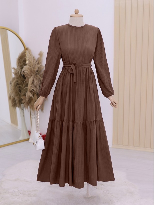Elastic Sleeves Tie Waist Hijab Dress -Brown