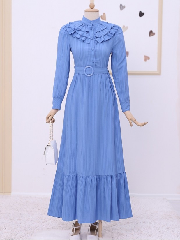 Front Frilly Belt Half Button Dress -Blue
