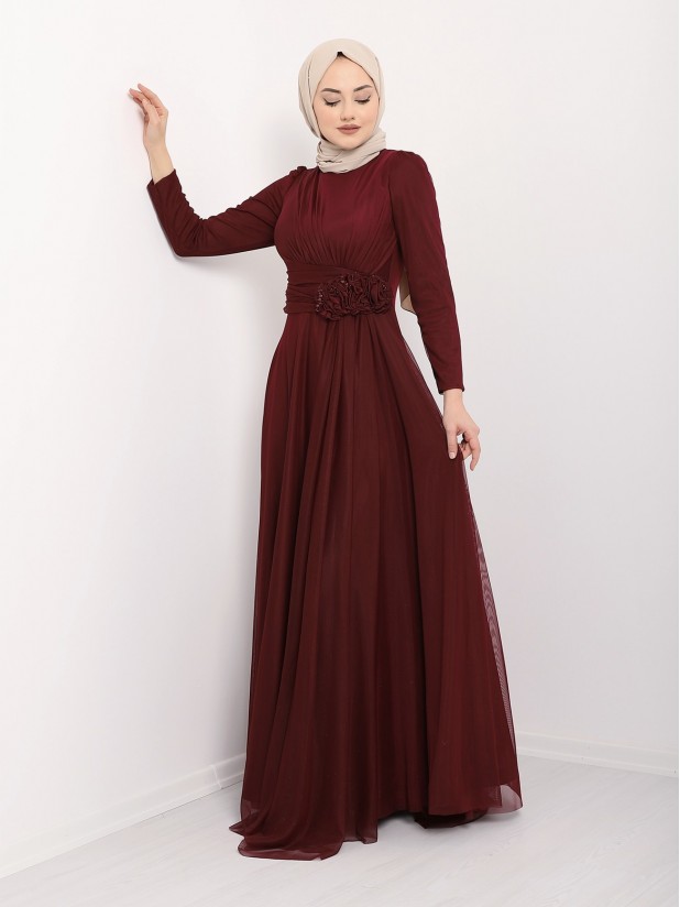 Front Draped Pearl Detailed Tulle Evening Dress -Maroon