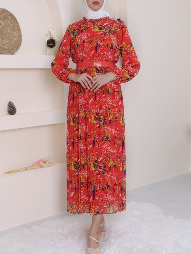 Önü Pileli Kemerli Şifon Elbise -Nar Çiçeği
