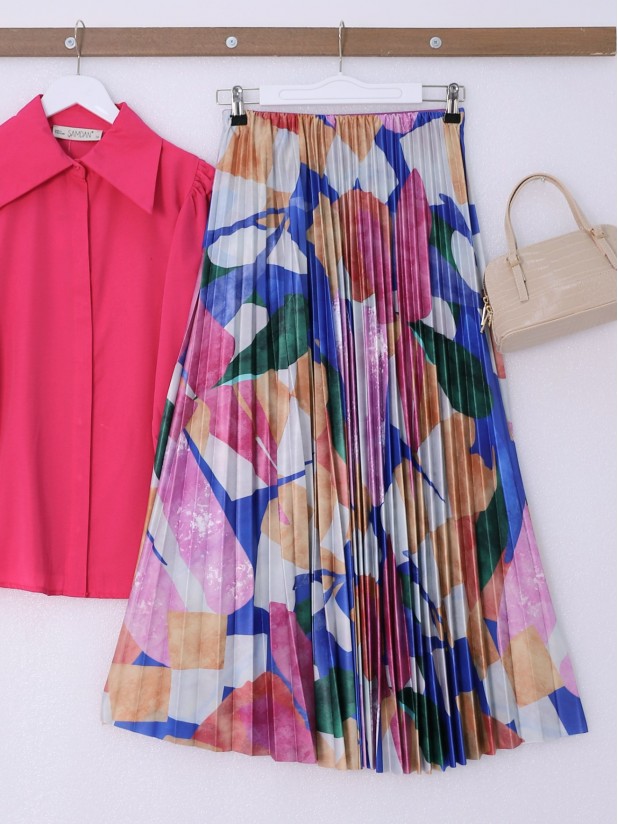 Patterned Thin Pleated Elastic Waist Skirt -Fuchsia