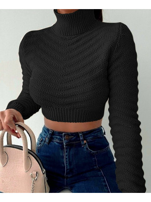 Zigzag Knit Neck Sweater Crop -Black