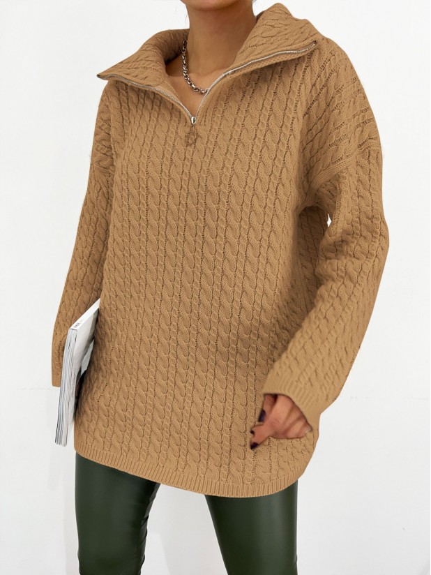 Half Zipper Turtleneck Winter Knitwear Sweater -Mink color