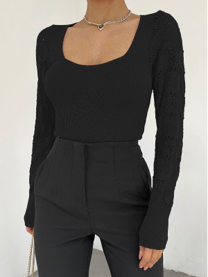 Sleeves Lace Knit Square Neck Knitwear Blouse -Black