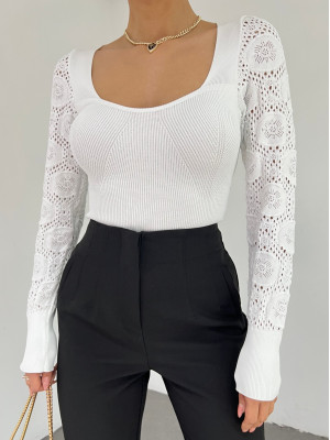 Sleeves Lace Knit Square Neck Knitwear Blouse -White
